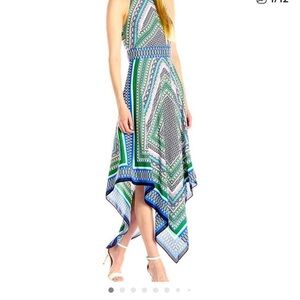 ELIZA J Scarf Print Asymmetric Long Halter Dress Sleeveless Open Back Size 4